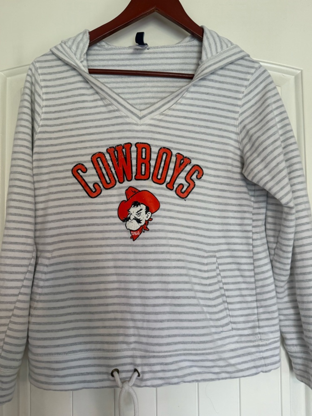 Women’s Cowboys Hooded Pullover - Gray &‎ White Stripes with Orange Logo